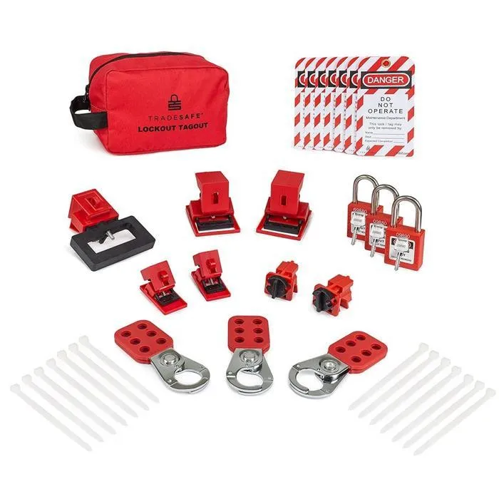Red lockout bag with safety padlocks, hasps and tags