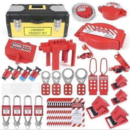 Ilustrasi kit lockout/tagout: hasp, gembok, lockout valve, dan tag