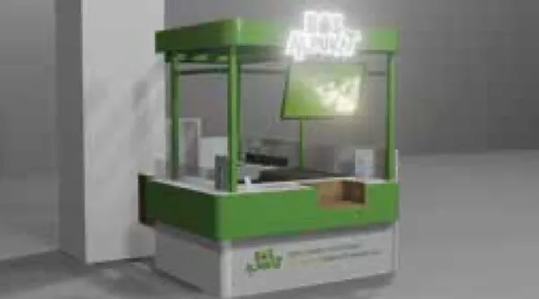 3D render of a green kiosk booth