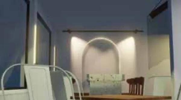 3D render of a café interior with an arched niche