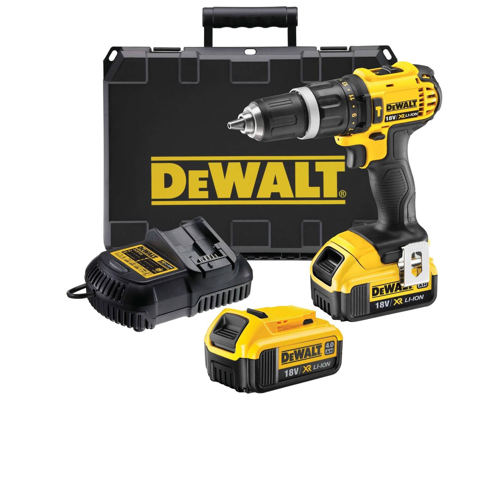Kit bor obeng hammer DeWALT DCD785M2 — 2 baterai 4,0 Ah, charger, koper