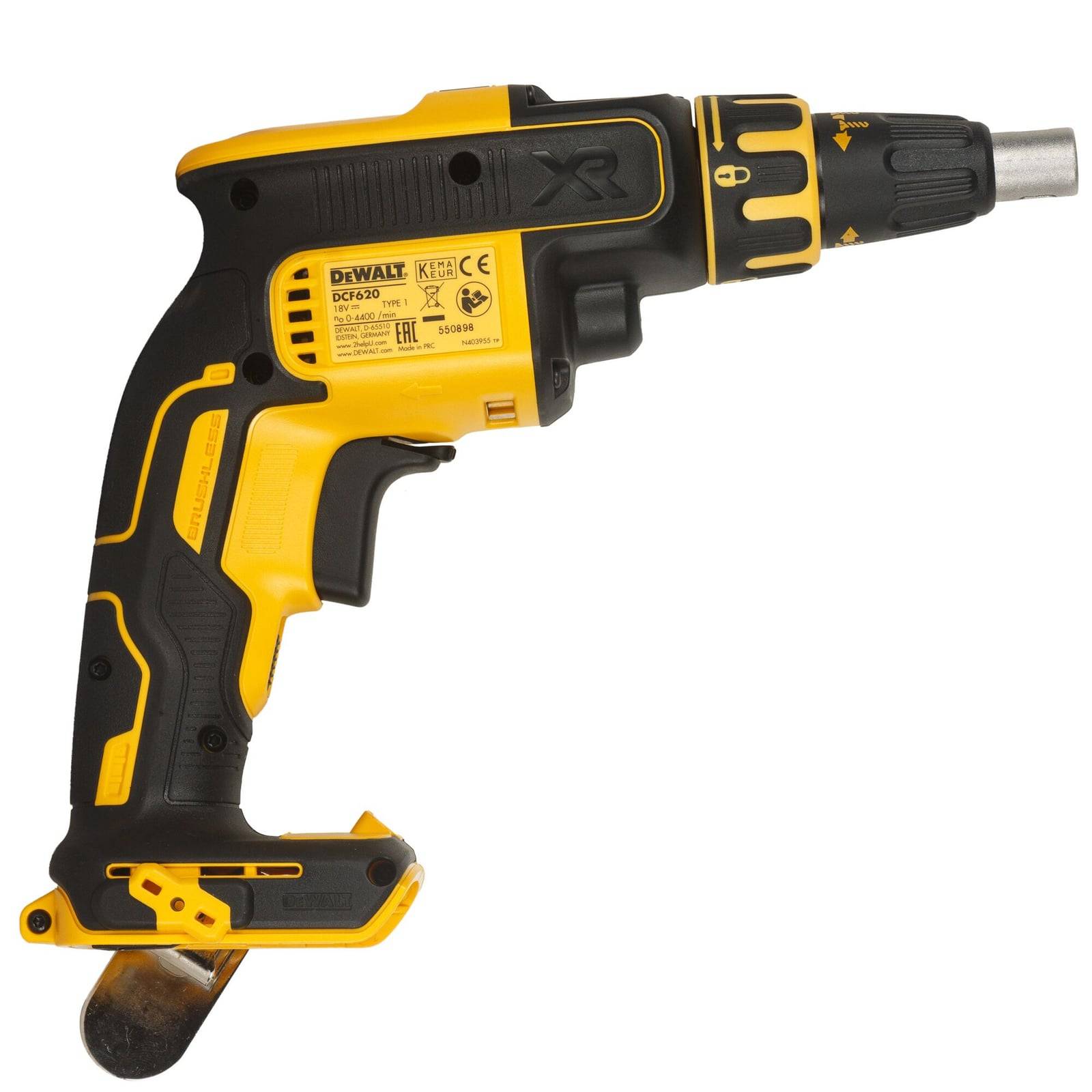 Obeng drywall DeWALT DCF620 — tampak samping