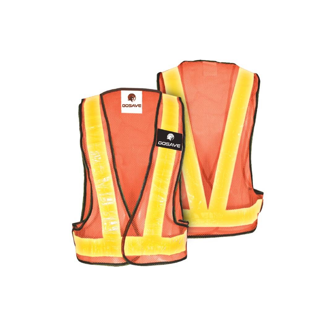 Rompi safety GoSave V Mesh oranye tampak depan dan belakang