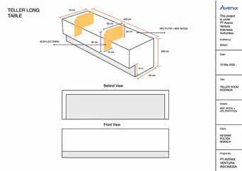 2D isometric drawing of the long teller counter