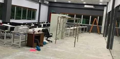 Office workstations with glass partition during fit-out