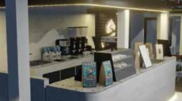 3D render of a coffee bar counter with display case