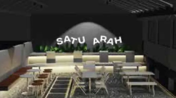 3D render of coffee shop seating with an illuminated sign