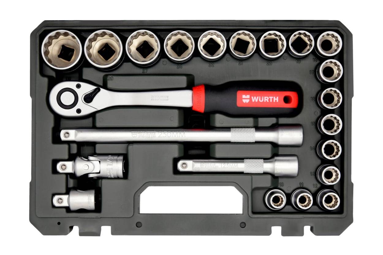 Set kunci sok 12-point Würth RED STRIPE 1/2" 22 pcs dalam koper, art. 5763112222