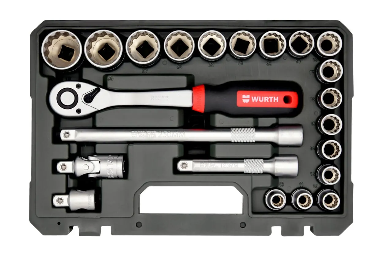Set kunci sok 12-point Würth RED STRIPE 1/2" 22 pcs dalam koper, art. 5763112222