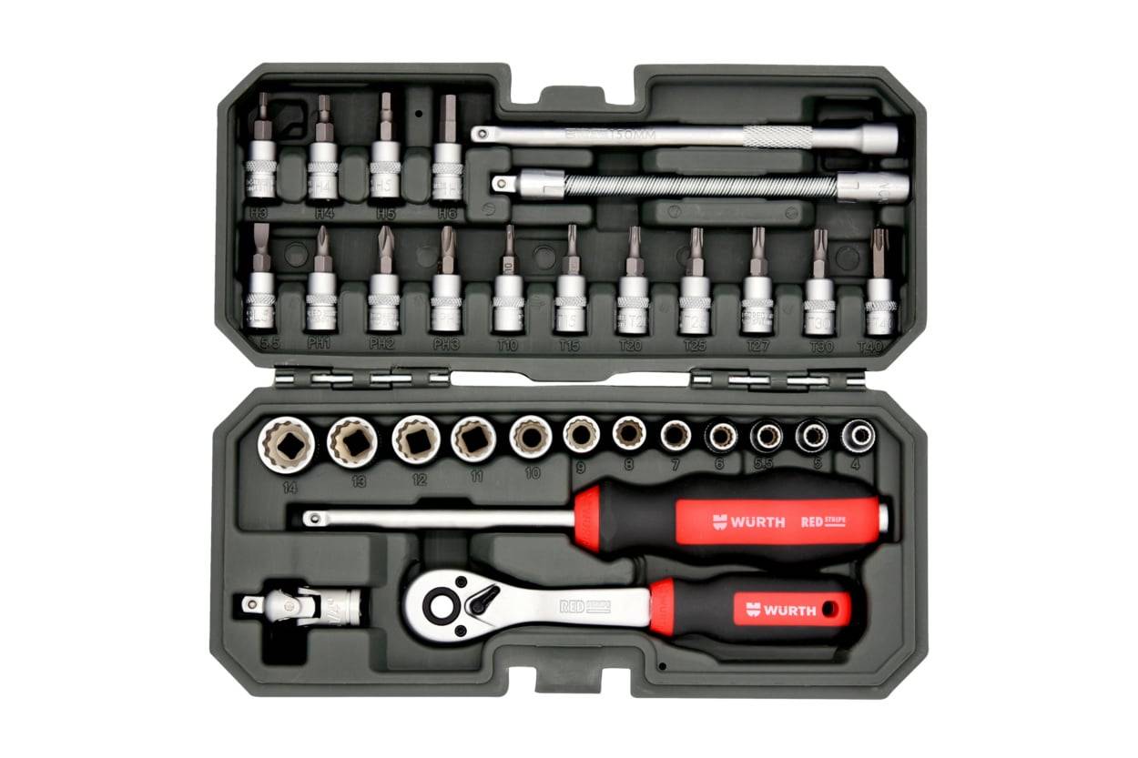 Set kunci sok 12-point Würth RED STRIPE 1/4" 32 pcs dalam koper, art. 5763114232
