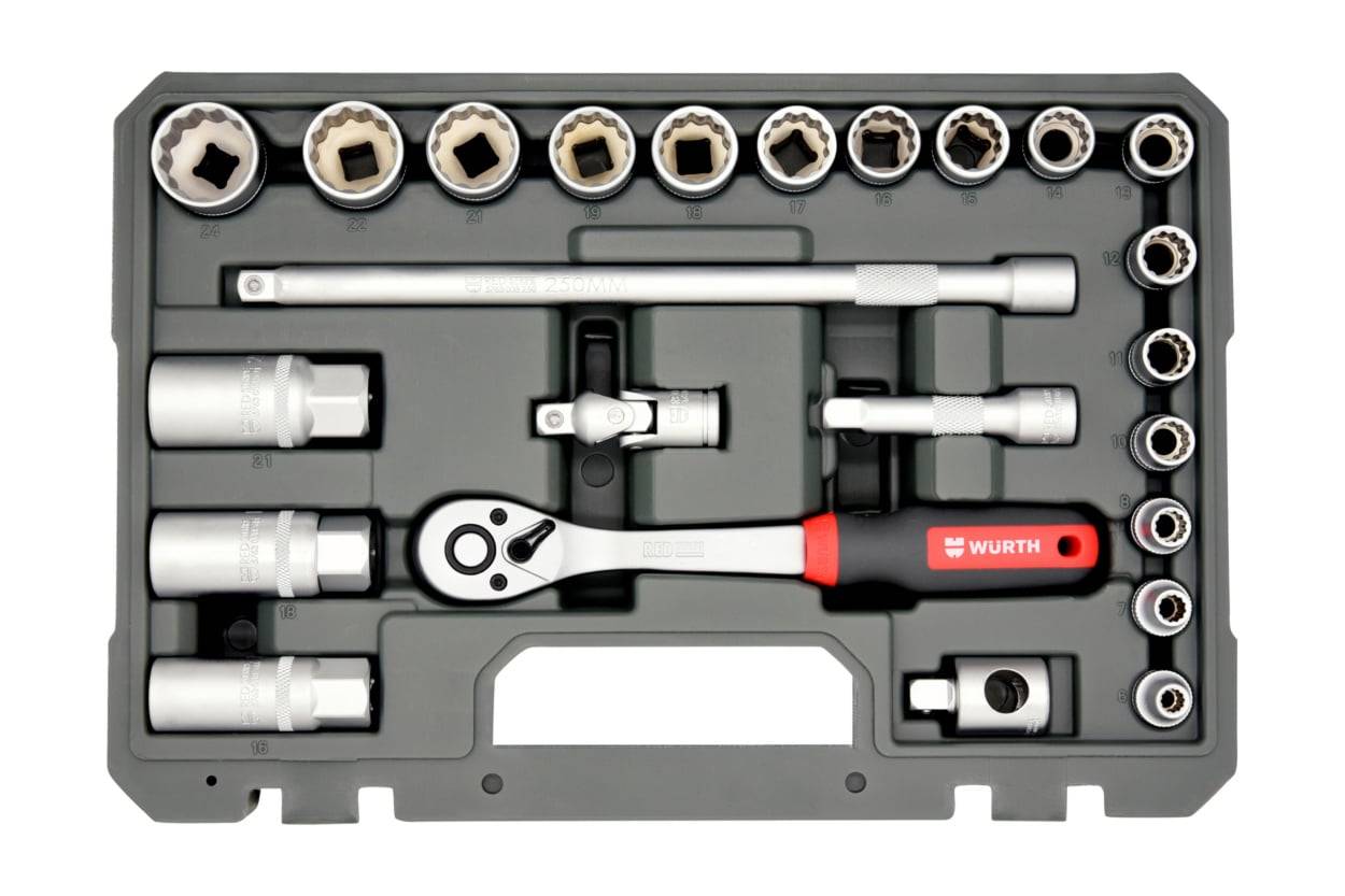 Set kunci sok 12-point Würth RED STRIPE 3/8" 24 pcs dalam koper, art. 5763138224
